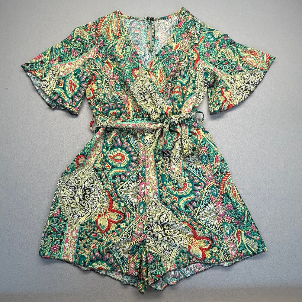 Boho Paisley Print Short Sleeve Surplice neckline Belted Romper Size M